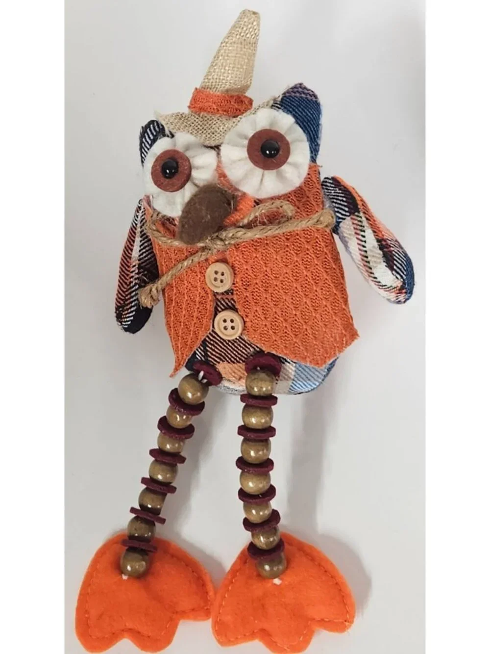 Fall Plaid Owl Shelf Sitters Set of 2 Harvest Autumn Decor with Beaded Legs